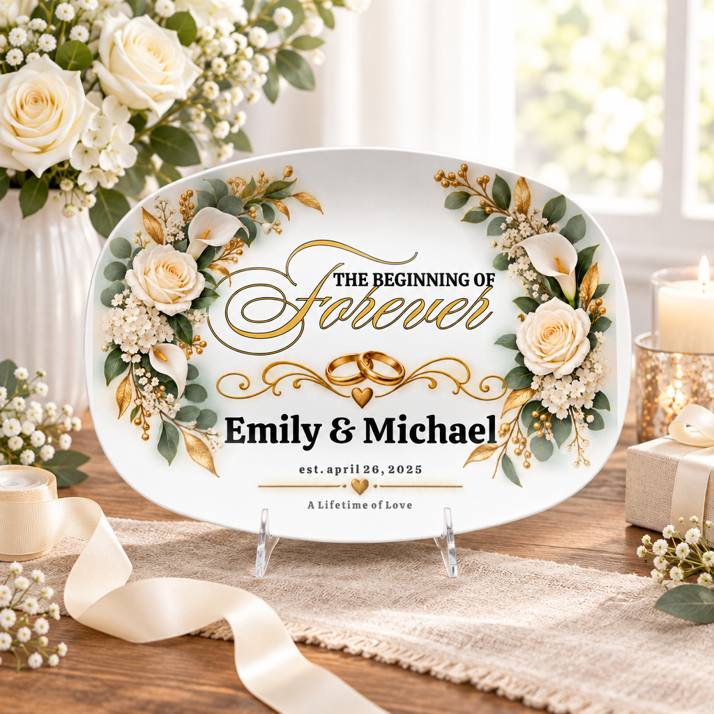 Personalized wedding platter styled as an anniversary keepsake
