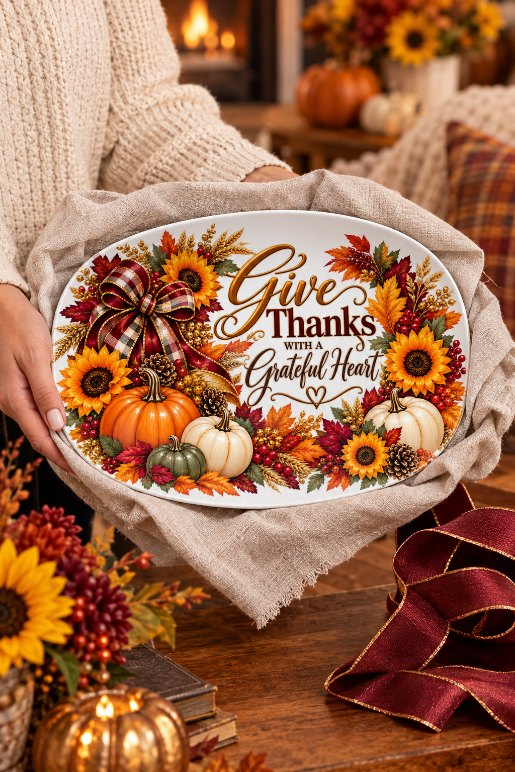 Ribbons & Sunflowers Platter vertical gifting shot