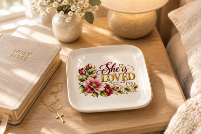She Is Loved Jewelry Dish styled on a bedside table