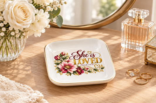 She Is Loved Jewelry Dish styled on a bright vanity