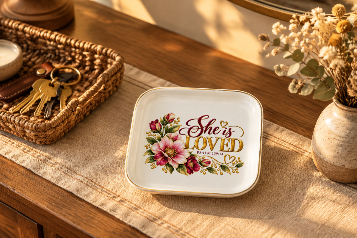 She Is Loved Jewelry Dish styled on an entryway console