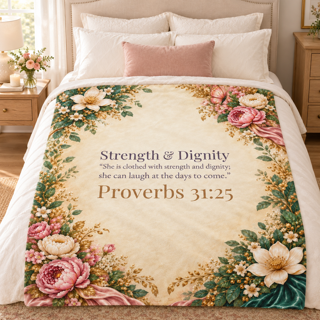 Strength & Dignity blanket in an ivory bedroom