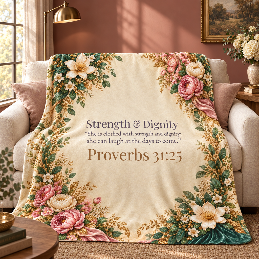 Strength & Dignity blanket on an ivory loveseat in a dusty rose room