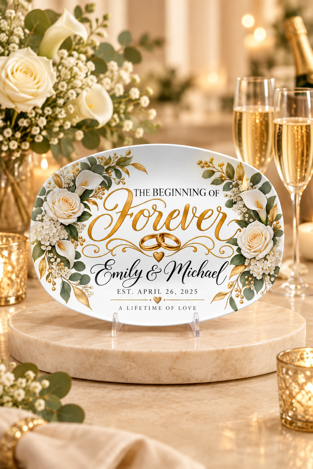 The Beginning of Forever Gold displayed in a warm anniversary setting