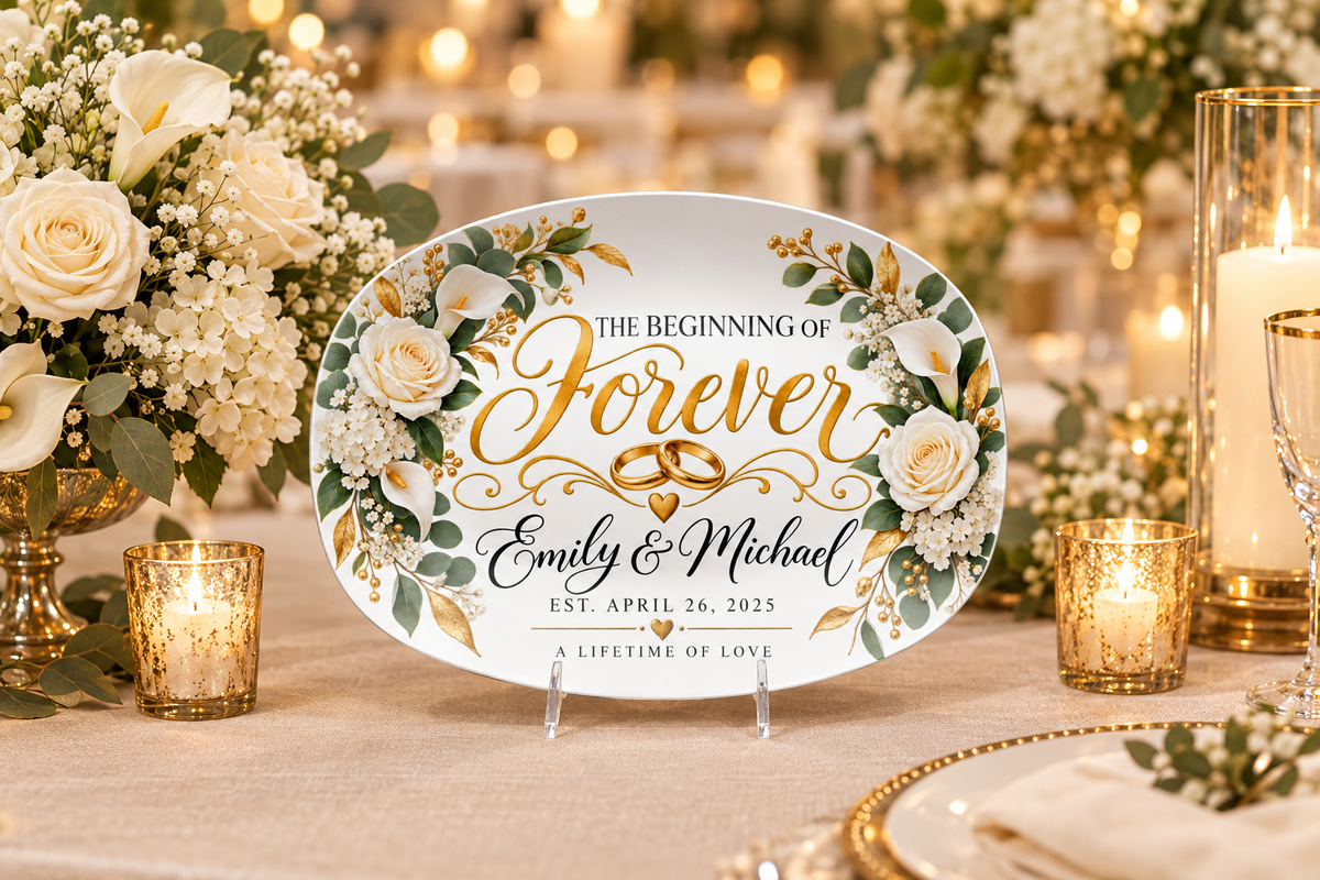 The Beginning of Forever Gold displayed on a wedding reception table