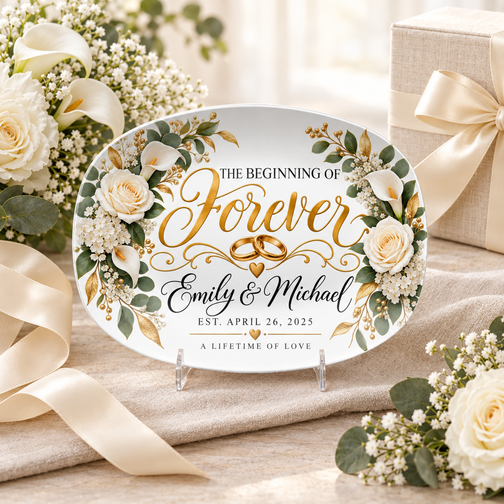 The Beginning of Forever Gold styled as a bridal-shower keepsake