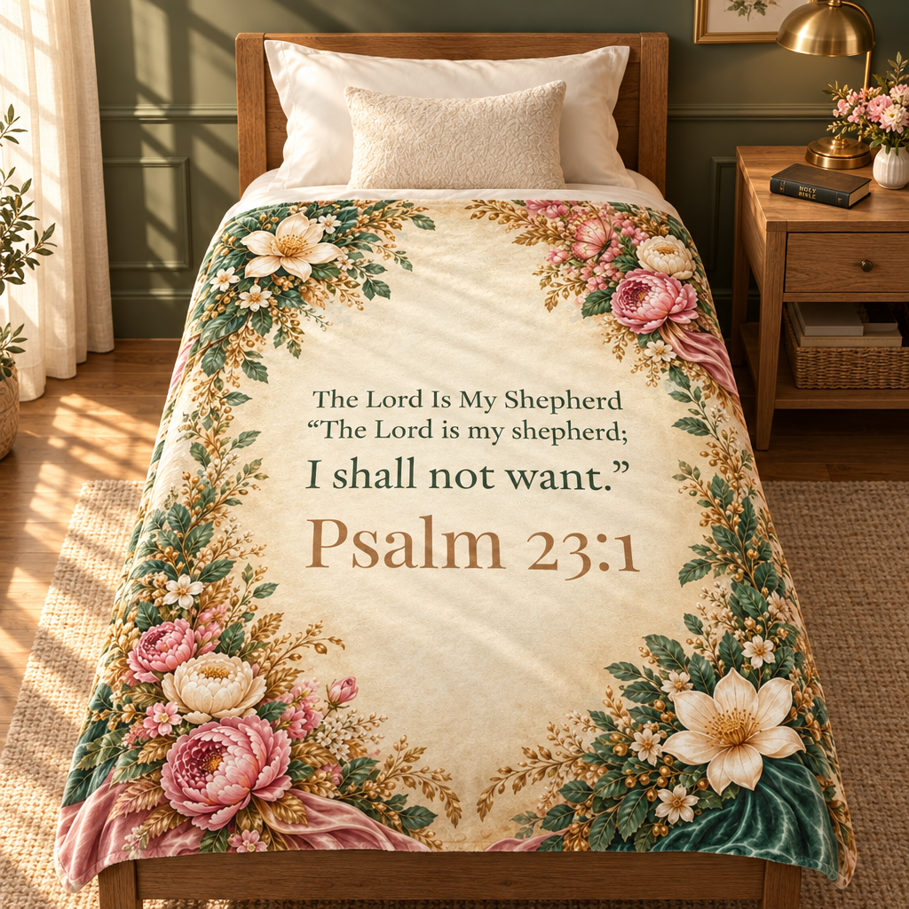 The Lord Is My Shepherd blanket covering a twin bed in a sage bedroom