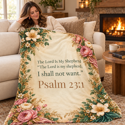 The Lord Is My Shepherd blanket in a cozy fireside lifestyle scene