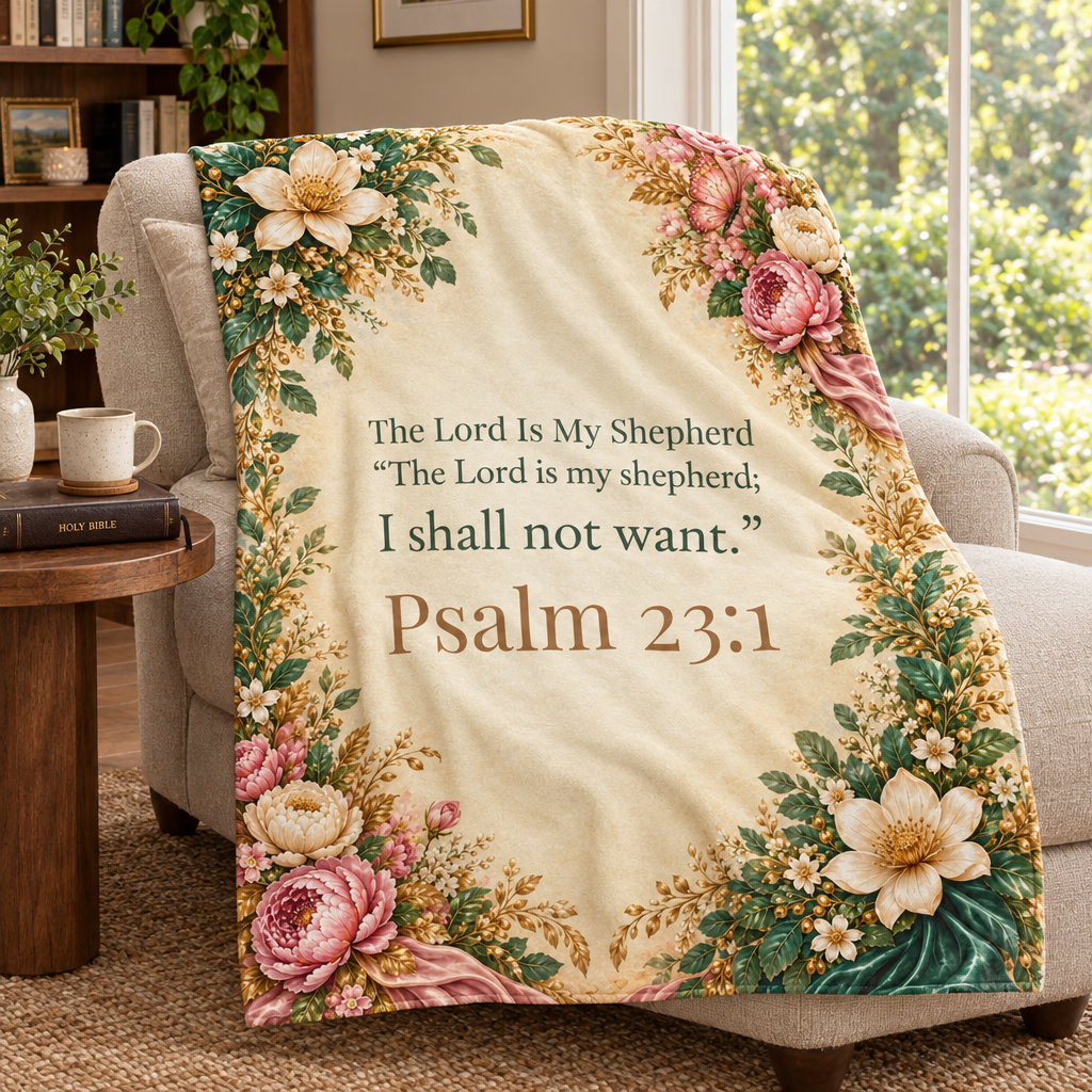 The Lord Is My Shepherd blanket in a cozy reading corner