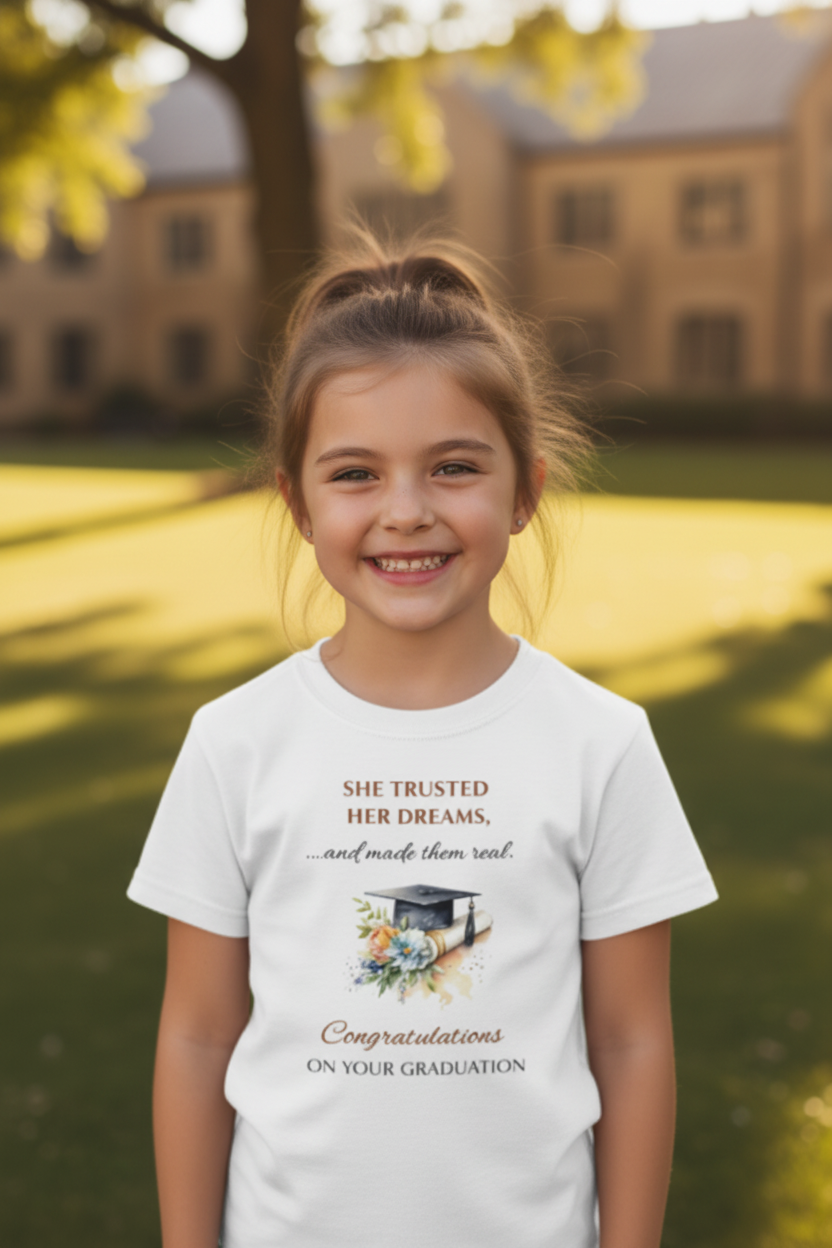 Young girl wearing graduation youth t-shirt