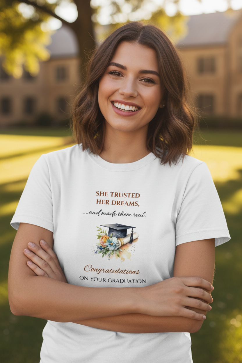 Graduation Cap Tee - "She Trusted Her Dreams" Congratulations Shirt